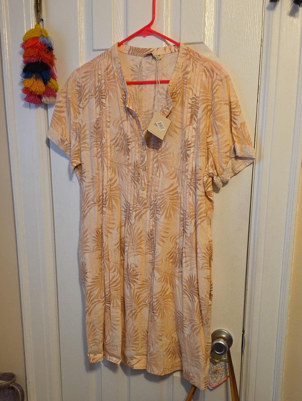 NWT Women's LINEN Peach Palm-Print Short Sleeve Dress NORDSTROM